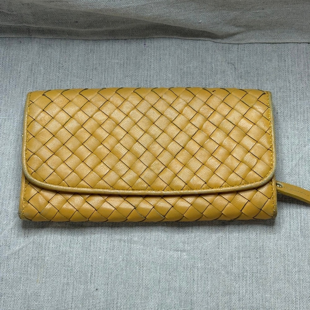 DONNA PRINCESS Long Wallet Mustard Yellow Woven Leather Snap Zip Coin 7.5"